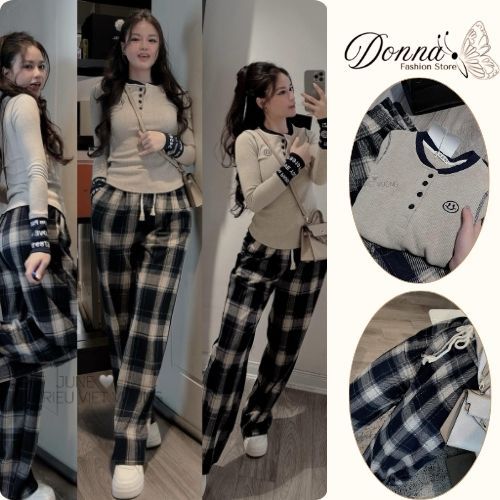 đồ bộ nữ,set đồ nữ mùa đông áo dài tay cổ tròn chất thun tăm cúc ngực mix quần kẻ caro Dona Hcom3717