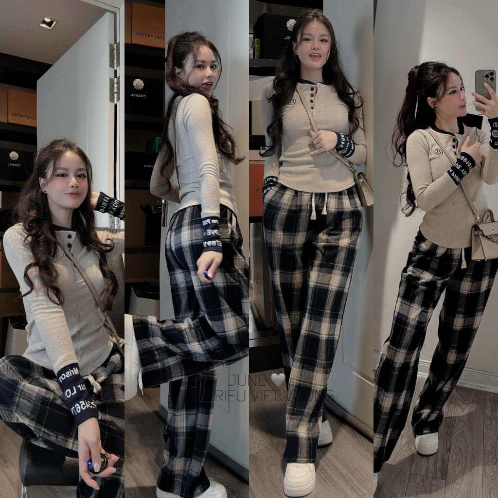 đồ bộ nữ,set đồ nữ mùa đông áo dài tay cổ tròn chất thun tăm cúc ngực mix quần kẻ caro Dona Hcom3717