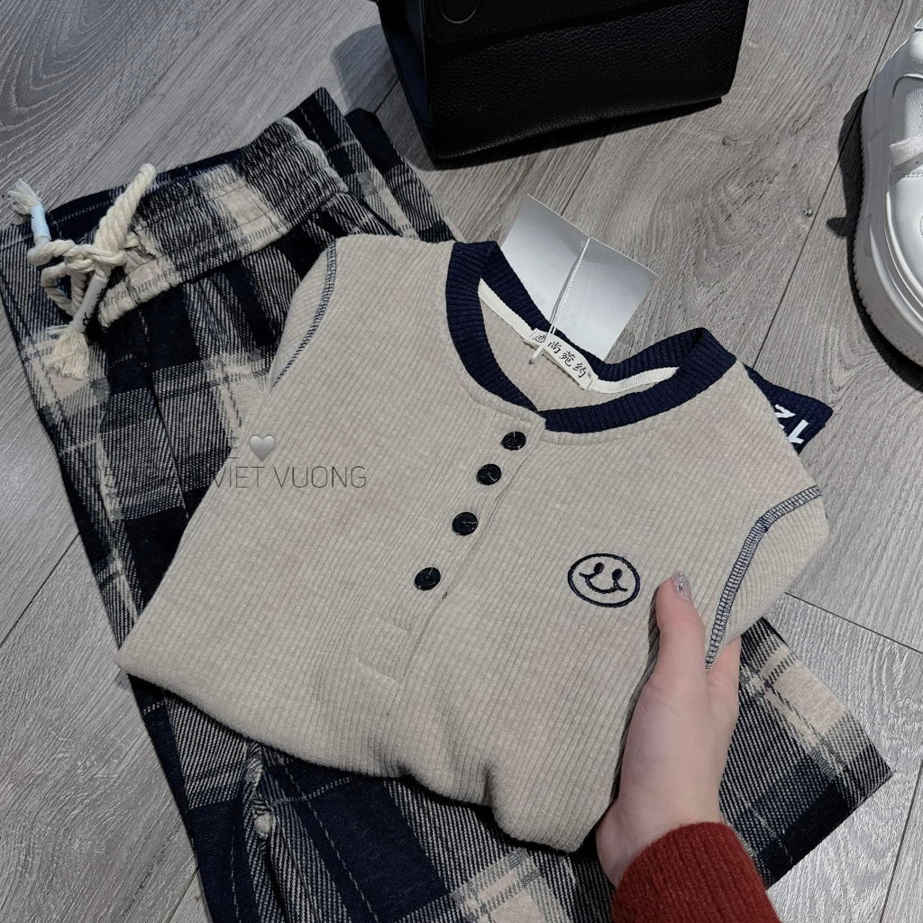 đồ bộ nữ,set đồ nữ mùa đông áo dài tay cổ tròn chất thun tăm cúc ngực mix quần kẻ caro Dona Hcom3717
