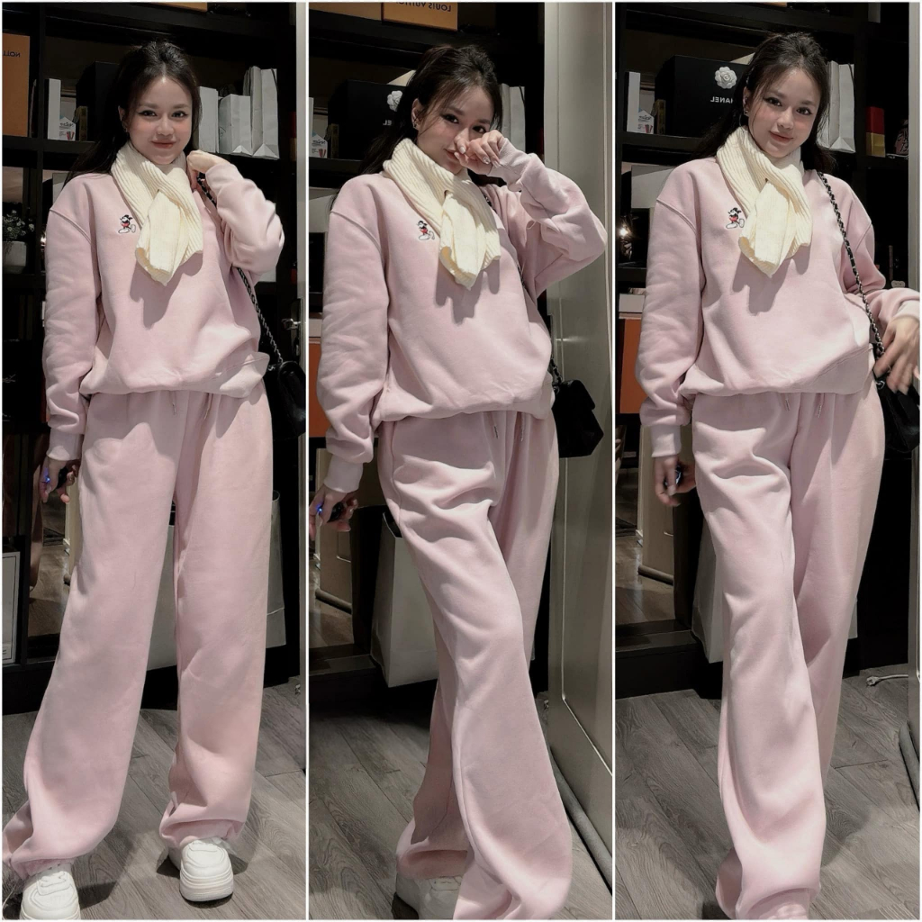 đồ bộ nữ , set đồ nữ mùa đông màu hồng dễ thương chất nỉ in hình mikey xinh xắn Donna hcom3718