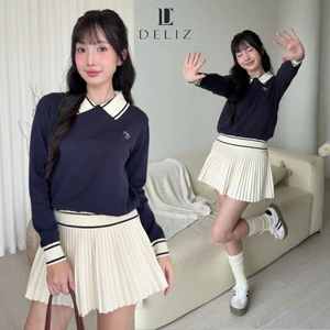 DELIZ - Áo len nữ cổ đức dài tay xanh than phối viền thanh lịch len lông thỏ mềm basic thiết kế DELIZ AL63