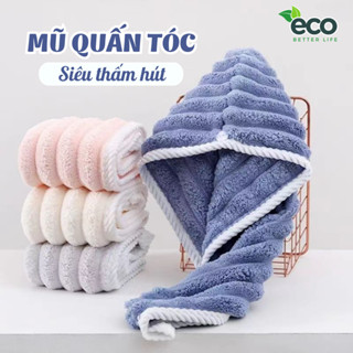 Mũ Quấn Tóc ECO Siêu Thấm Hút Nhanh Khô, Khăn Lau Tóc Lọn Bông To Dày Dặn Siêu Thấm