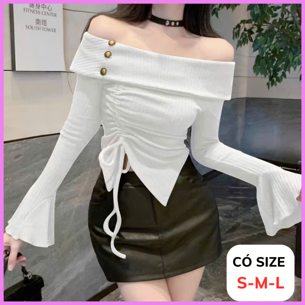 [CÓ SIZE] Áo Trễ Vai Dài Tay RANSHI Thiết Kế Tay Xòe Dây Rút Phối Cúc Sang Chảnh Chất Thun Tăm Thái