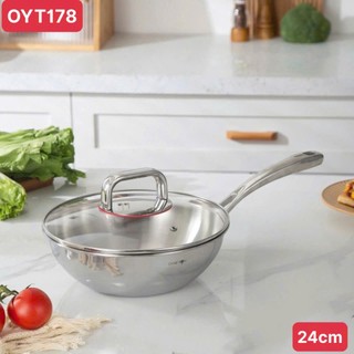 Chảo sâu lòng kèm nắp Oyatton [178] 3 lớp đúc liền nguyên khối inox 18/10 24cm