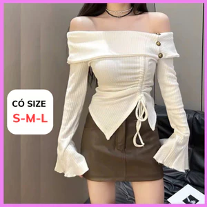 Áo Trễ Vai Dài Tay RANSHI Thiết Kế Tay Xòe Dây Rút Phối Cúc Sang Chảnh Chất Thun Tăm Thái