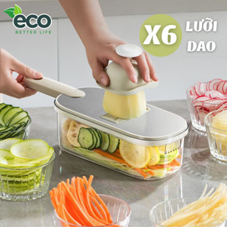 Bộ Nạo Rau Quả 6 Lưỡi Dao Inox 304 Kèm Khay Đựng, Dụng Cụ Bào Rau Củ Quả Cắt Lát Tiện Lợi
