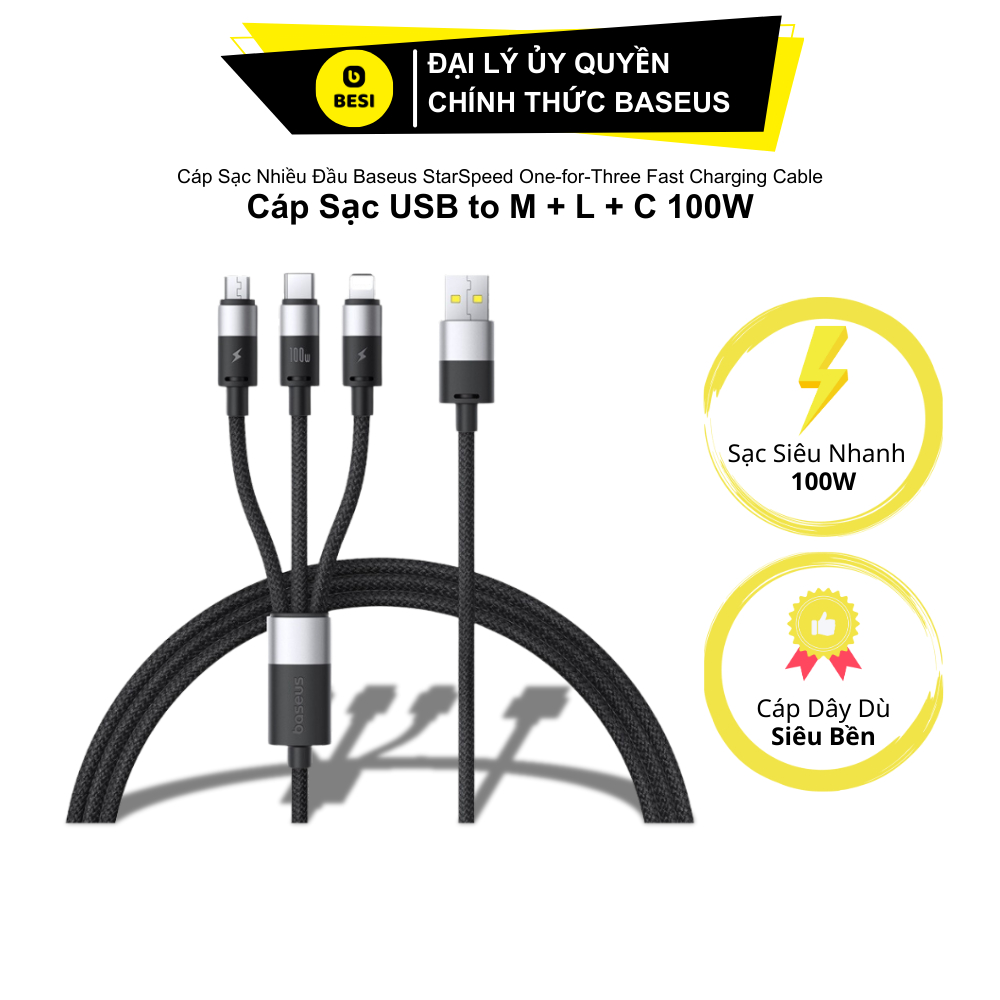 Cáp Sạc Đa Năng Baseus StarSpeed 100W USB to M+L+C | Dây Dù Siêu Bền ...