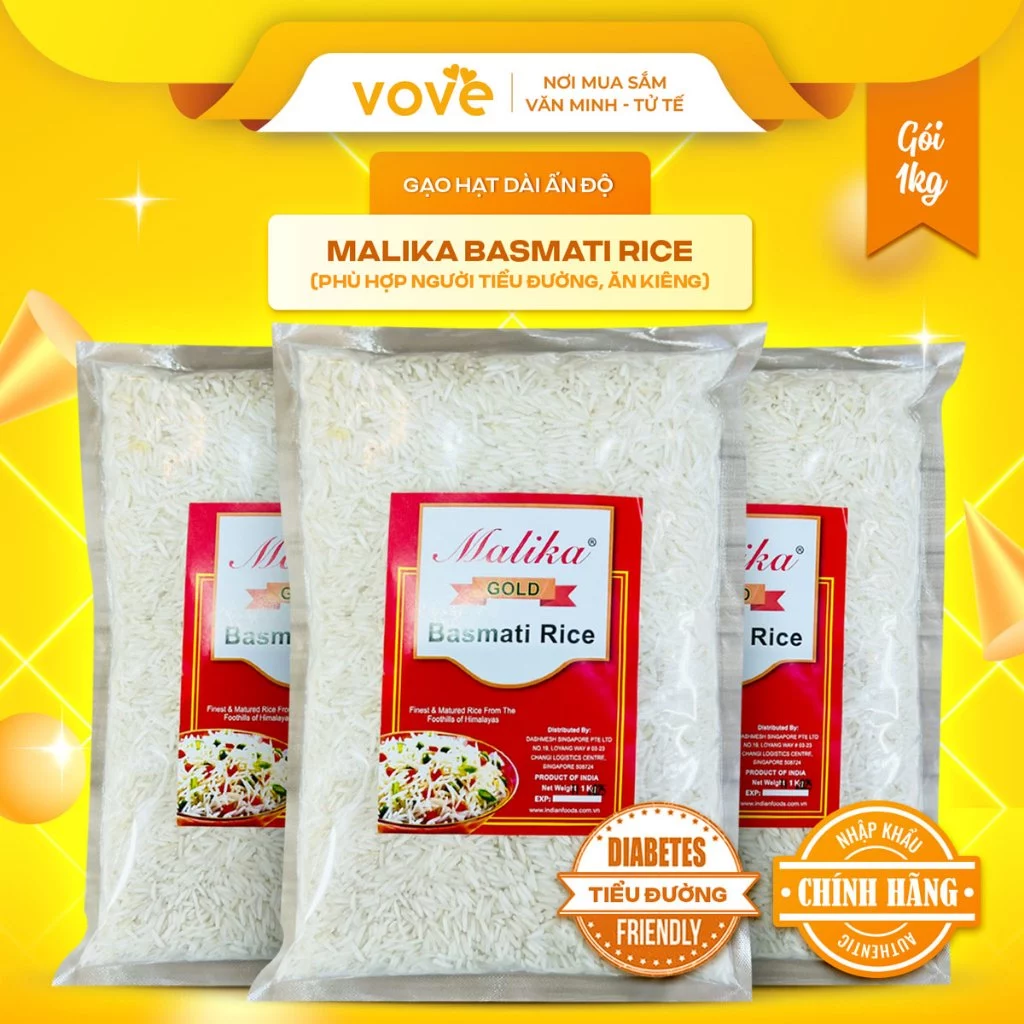 Gạo hạt dài Ấn Độ MALIKA Basmati Rice, phù hợp người tiểu đường, 1kg