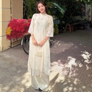 Set Áo Dài Lông Vũ Buộc Nơ Cách Điệu Kèm Quần Lụa Siêu Xinh