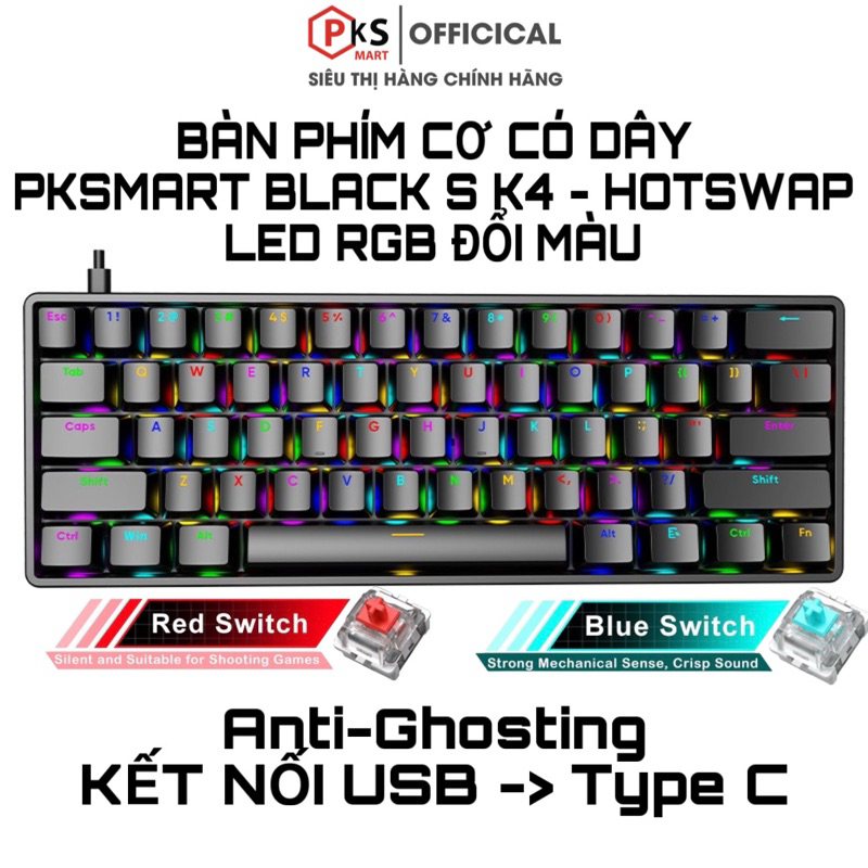 Bàn Phím Cơ Có Dây – PKSMART – BLACKS K4 – LED RGB Đổi 8 Màu, 12 Hiệu ứng – Blue Switch – Cáp Typec Tháo Rời