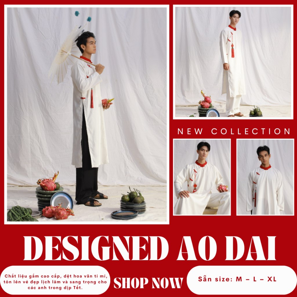 Áo dài nam – trắng cổ gấm đỏ cho nam