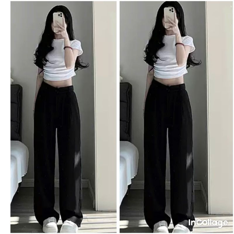 Sét bộ quần áo baby tee quần ống rộng cạp chun hack dáng đen + mix áo phông CROPTOP cộc tay chất tăm gân trơn dáng ngắn