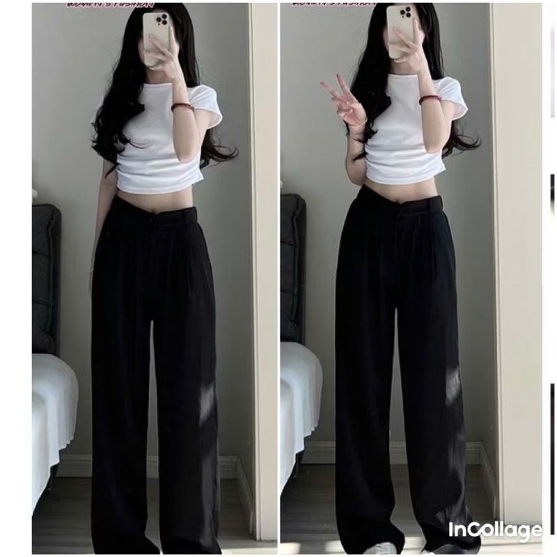 Sét bộ quần áo baby tee quần ống rộng cạp chun hack dáng đen + mix áo phông CROPTOP cộc tay chất tăm gân trơn dáng ngắn