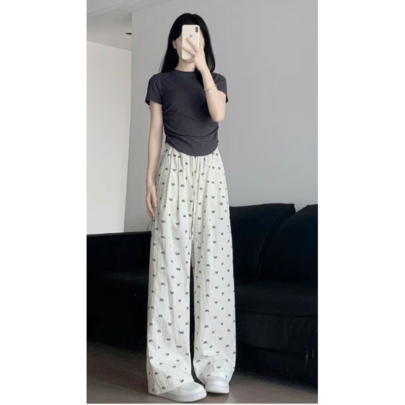 Sét Bộ Baby Tee Quần Ống Rộng Họa Tiết Nơ + mix Áo Phông CROPTOP Cộc Tay Dáng ngắn chất Tăm Gân