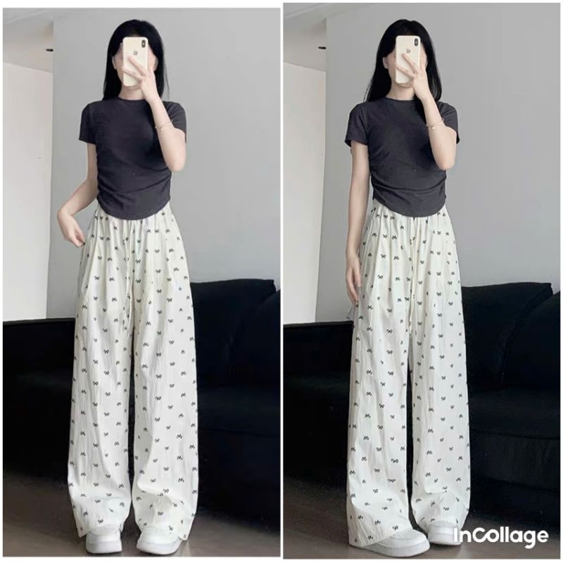 Sét Bộ Baby Tee Quần Ống Rộng Họa Tiết Nơ + mix Áo Phông CROPTOP Cộc Tay Dáng ngắn chất Tăm Gân