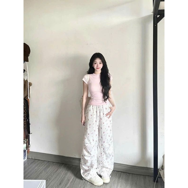 Sét Bộ Baby Tee Quần Ống Rộng Họa Tiết Nơ + mix Áo Phông CROPTOP Cộc Tay Dáng ngắn chất Tăm Gân