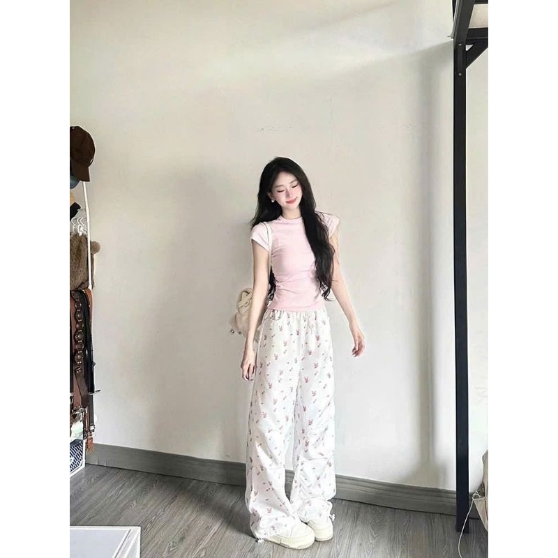 Sét Bộ Baby Tee Quần Ống Rộng Họa Tiết Nơ + mix Áo Phông CROPTOP Cộc Tay Dáng ngắn chất Tăm Gân