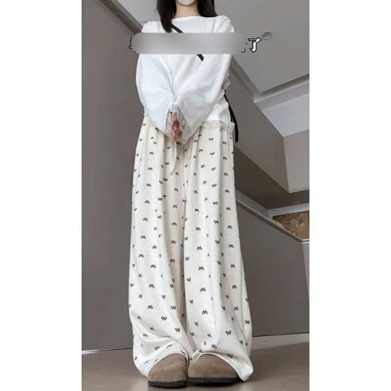 Sét Bộ Thu Đông Quần ống Suông Họa Tiết Nơ + mix áo Thu đông trơn dài tay