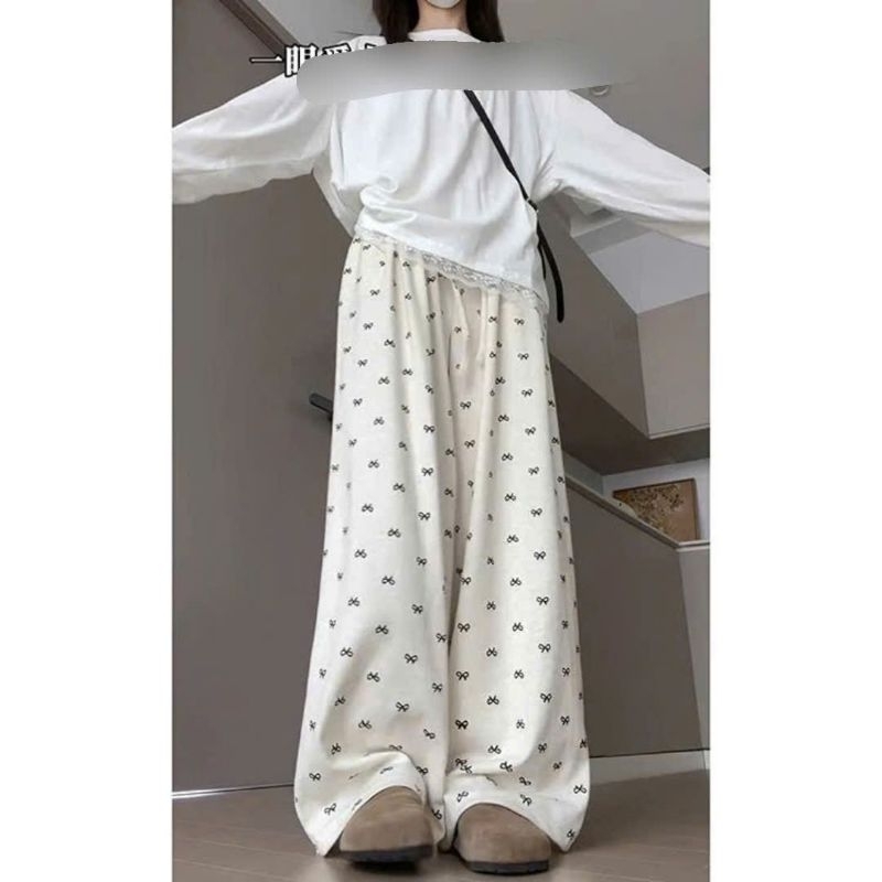 Sét Bộ Thu Đông Quần ống Suông Họa Tiết Nơ + mix áo Thu đông trơn dài tay