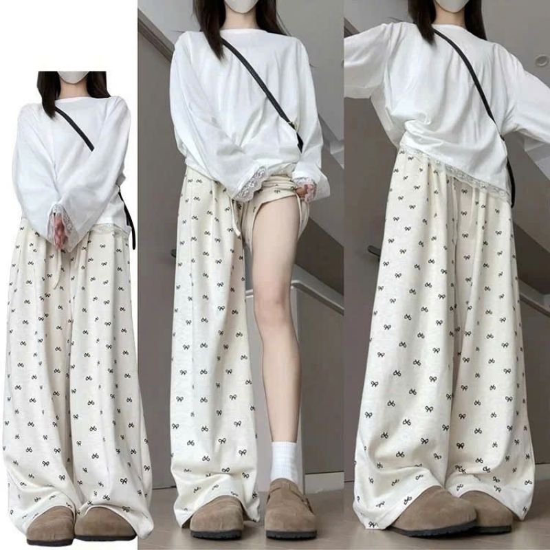 Sét Bộ Thu Đông Quần ống Suông Họa Tiết Nơ + mix áo Thu đông trơn dài tay