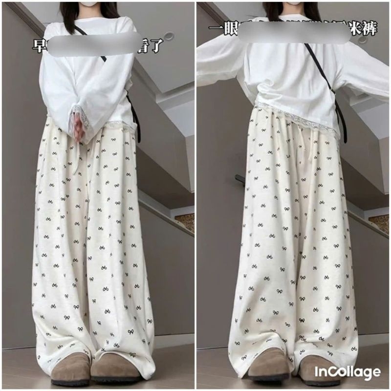 Sét Bộ Thu Đông Quần ống Suông Họa Tiết Nơ + mix áo Thu đông trơn dài tay