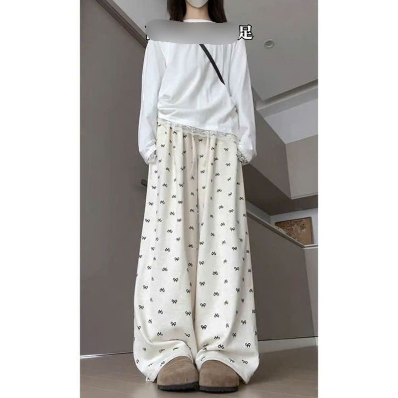 Sét Bộ Thu Đông Quần ống Suông Họa Tiết Nơ + mix áo Thu đông trơn dài tay