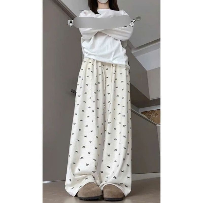 Sét Bộ Thu Đông Quần ống Suông Họa Tiết Nơ + mix áo Thu đông trơn dài tay