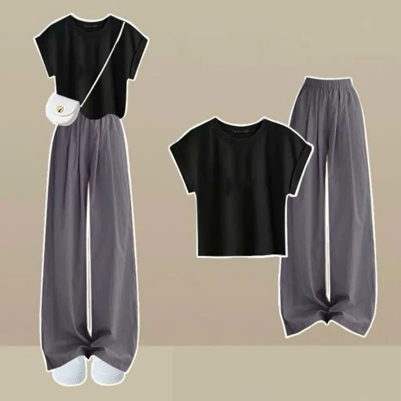 Sét bộ quần áo baby tee quần ống rộng cạp chun hack dáng đen + mix áo phông CROPTOP cộc tay chất tăm gân trơn dáng ngắn