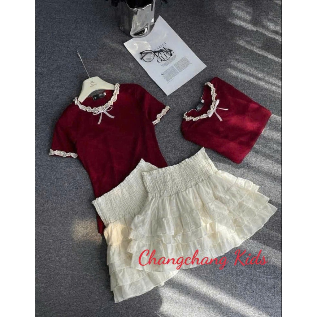 SALE LỚN Sét chân váy cotton ren và áo thun nhũ cho mẹ và bé gái dễ thương 12-55kg