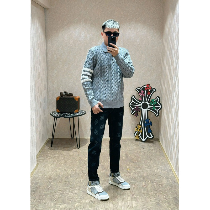 ⚡️[Hight Quality] Áo Polo Len Dài Tay 1h1on Br Cashmere Swearshirt - Điểm Nhấn 4 Vạch Thêu Cao Cấp Nam Nữ Qccc