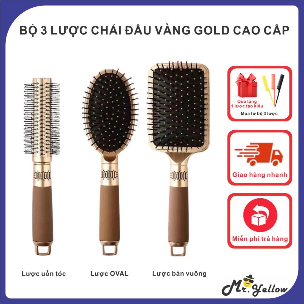 Bộ 3 Lược Chải Đầu Vàng Gold Cao Cấp Gỡ Rối Tóc Dạng Túi Khí Mát Xa Chống Tĩnh Điện BL02