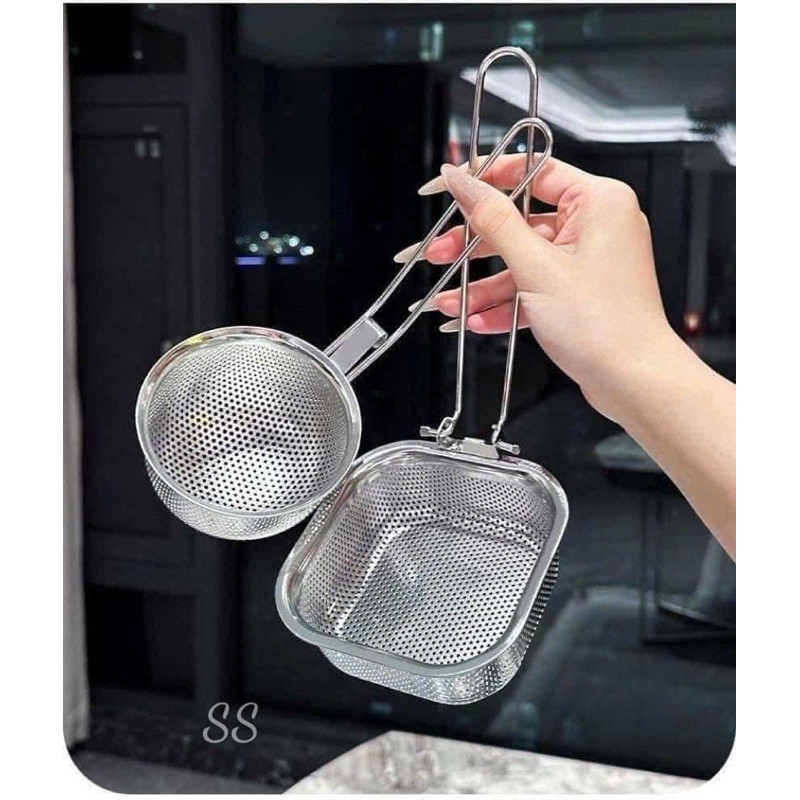 Set 2 Chiếc Rổ Nhúng Lẩu Inox 304 Có Quai Gài Tay Cầm Tiện Lợi vuông 12cm, tròn 10cm