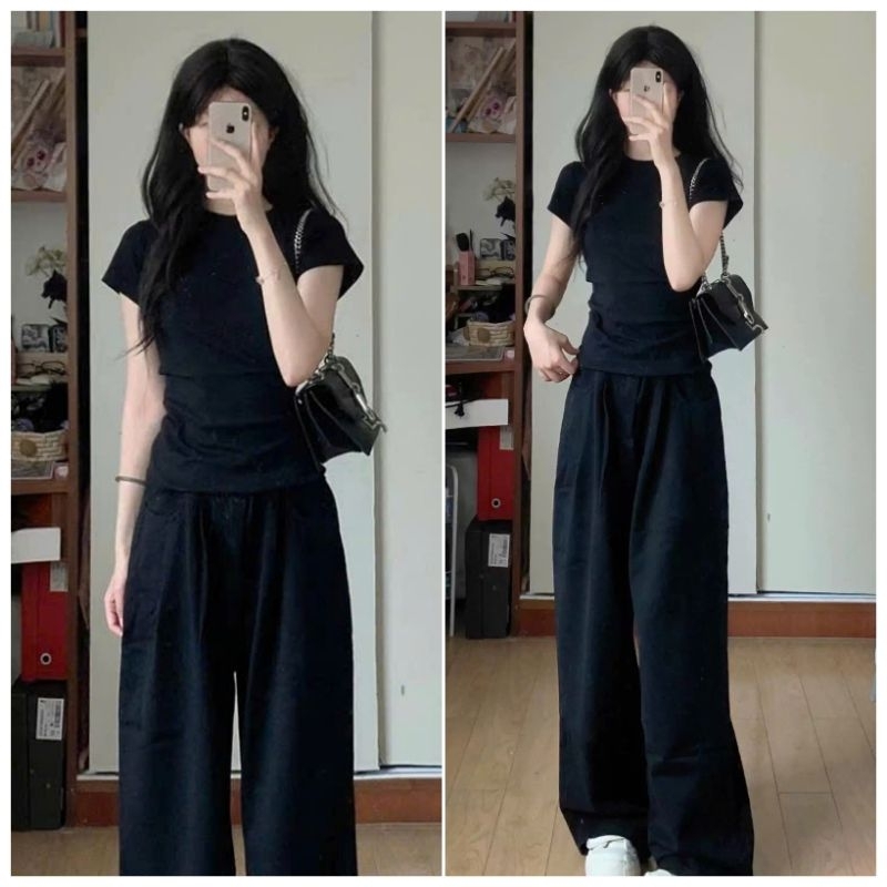 Sét bộ quần áo baby tee quần ống rộng cạp chun hack dáng đen + mix áo phông CROPTOP cộc tay chất tăm gân trơn dáng ngắn
