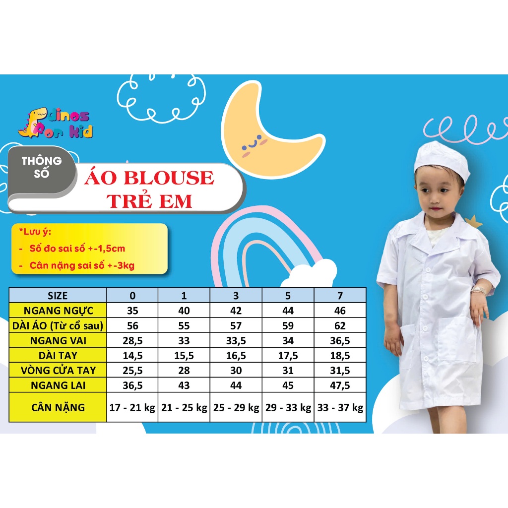 Áo Bác Sĩ Cho Bé Ngắn Tay – Trang Phục Blouse Hóa Trang Nghề Nghiệp Size 17-37kg