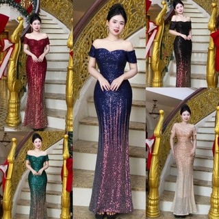 Đầm dạ hội kim sa đuôi cá bẹt vai phối màu siêu sang tko