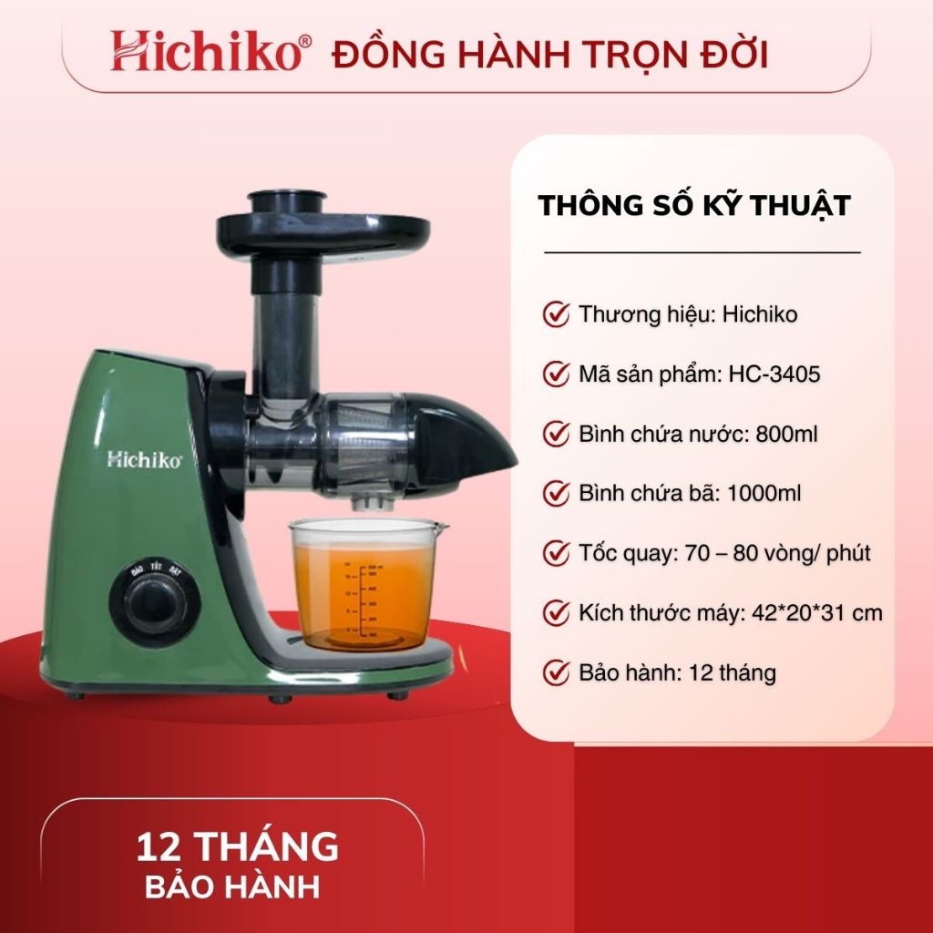Máy ép chậm trục ngang Hichiko HC - 3405 công suất 150W, máy ép siêu kiệt bã, giữ dinh dưỡng 98%