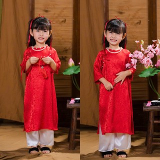 Sét Áo Dài Cách Tân Cho Bé Gái Lụa Gấm Cổ Ngọc Nơ Cao Cấp, Áo Dài  Bé Gái  Mặc Tết DA01 - BEEKIDS