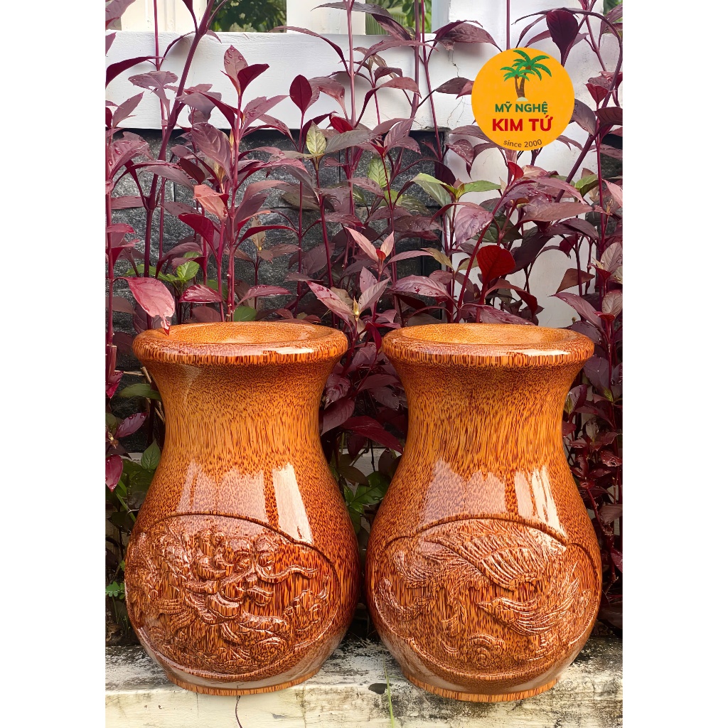 Bình Cắm Hoa Gỗ Dừa Điêu Khắc, Lọ Hoa Trang Trí Nhà Cửa & Bàn Thờ & Quán Cafe, Decor Mộc Mạc, Sang Trọng KIM TỨ