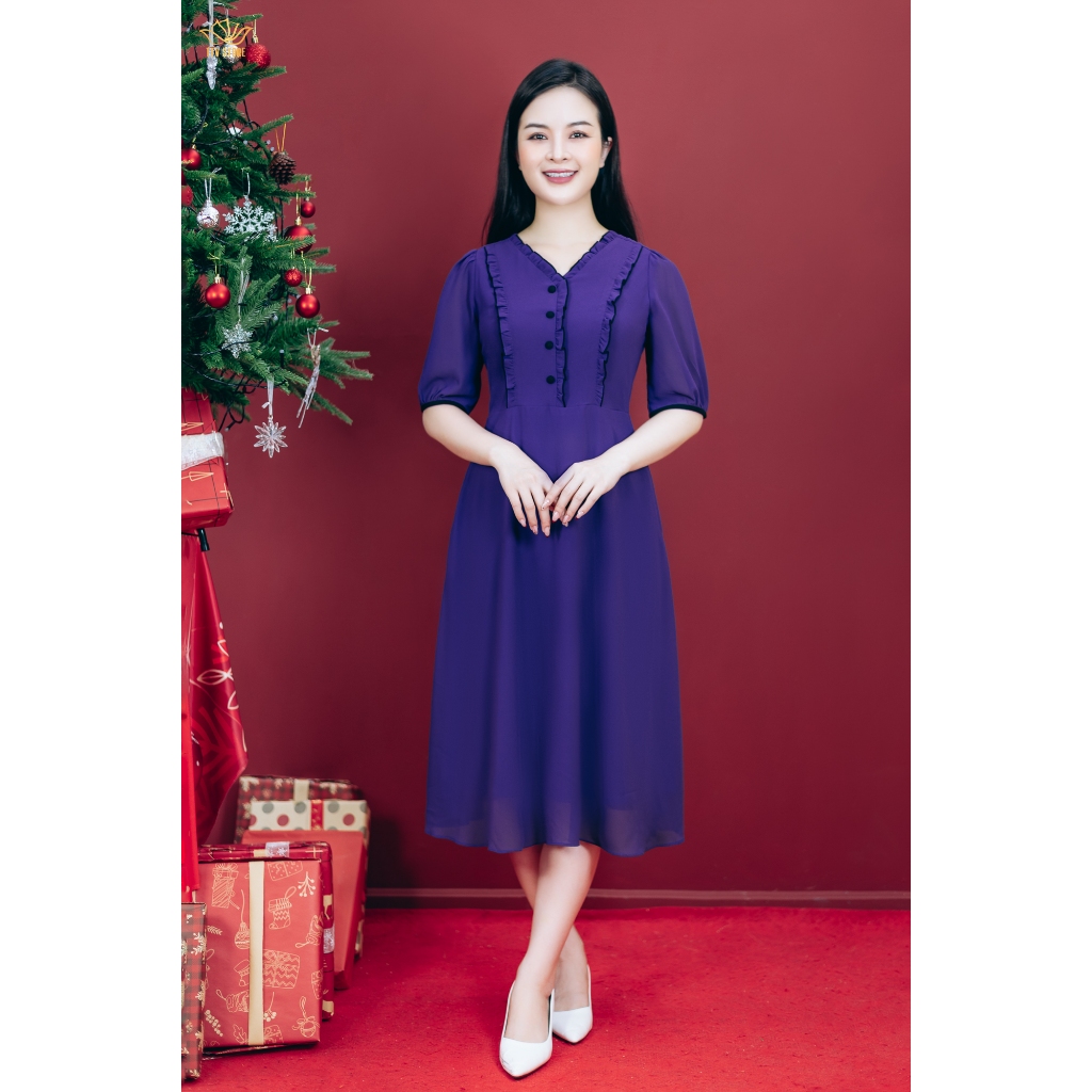 Ảnh Đầm xòe trung niên cho mẹ - Cổ tim bèo kết nút tay ngắn - Tím huế - TTV Store thời trang nữ TTV1795 2