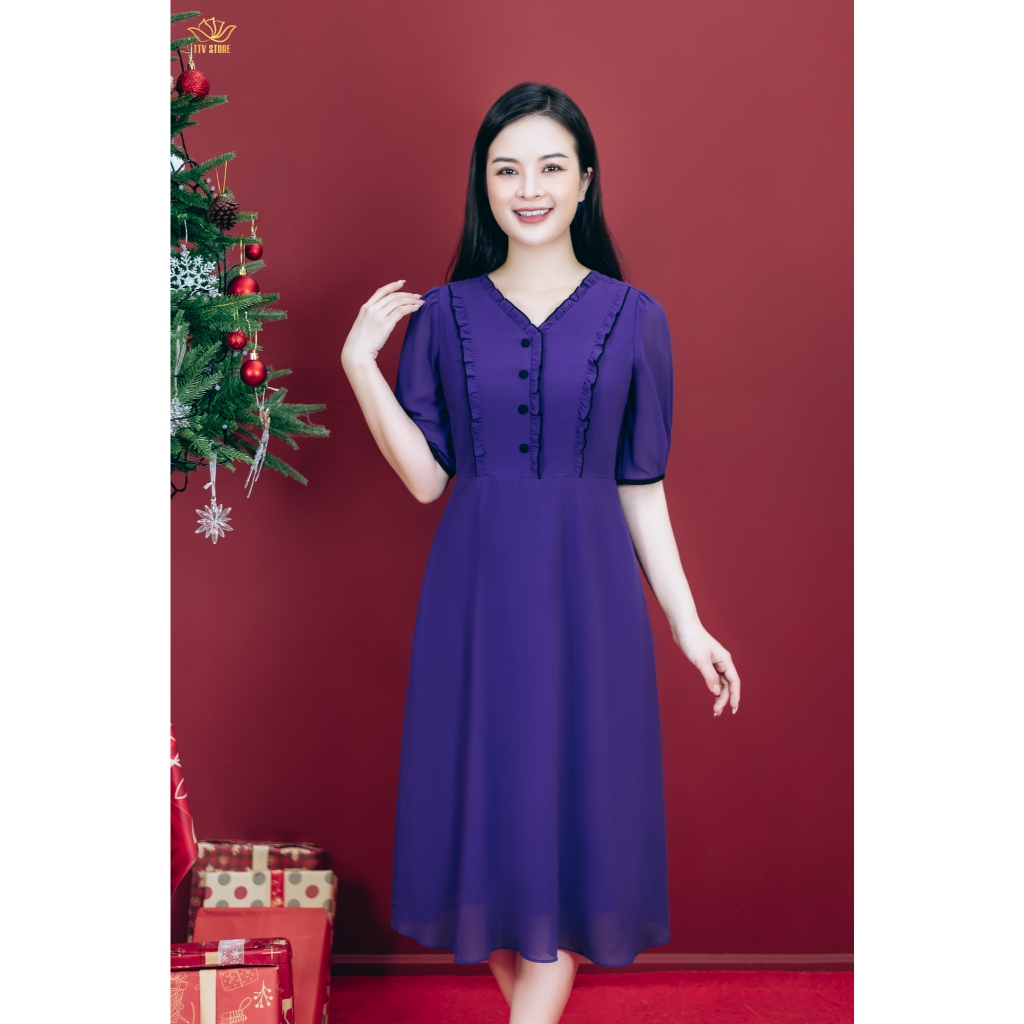 Ảnh Đầm xòe trung niên cho mẹ - Cổ tim bèo kết nút tay ngắn - Tím huế - TTV Store thời trang nữ TTV1795 1