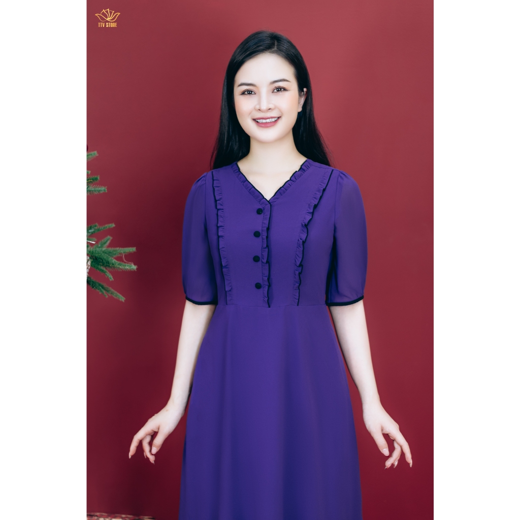 Ảnh Đầm xòe trung niên cho mẹ - Cổ tim bèo kết nút tay ngắn - Tím huế - TTV Store thời trang nữ TTV1795 3