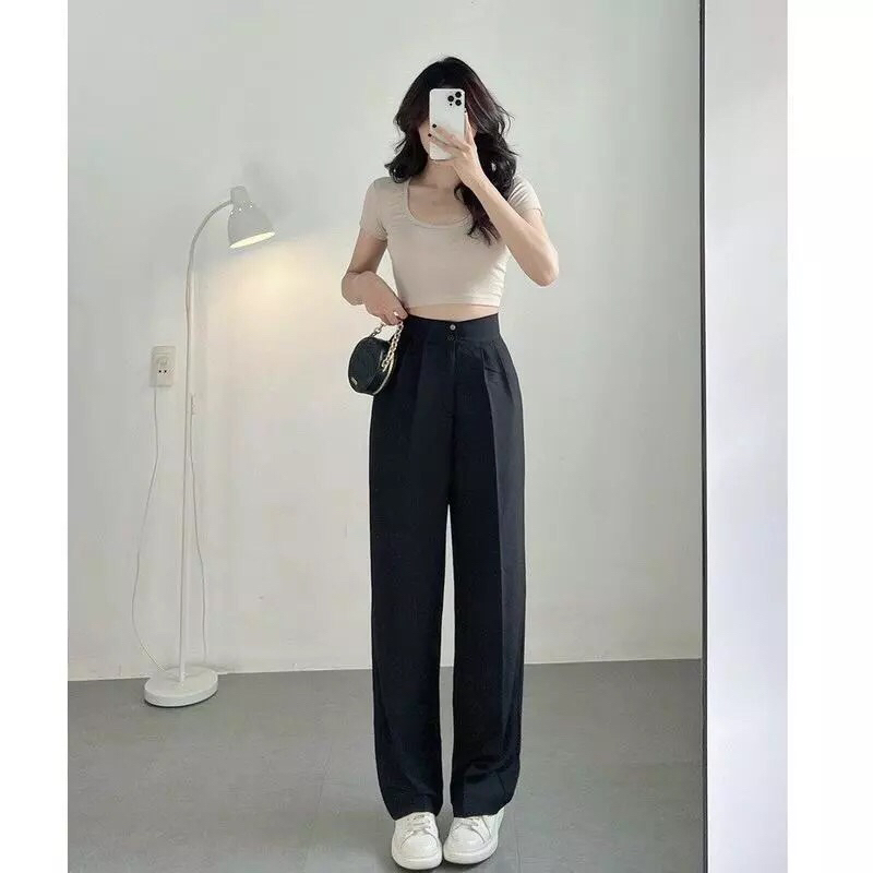 Quần Ống Suông Ống rộng Nữ 2 Khuy Lưng Cao Cạp To