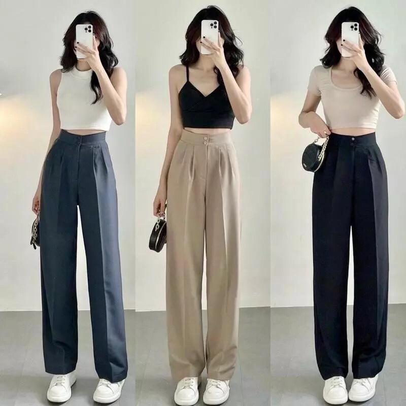 Quần Ống Suông Ống rộng Nữ 2 Khuy Lưng Cao Cạp To