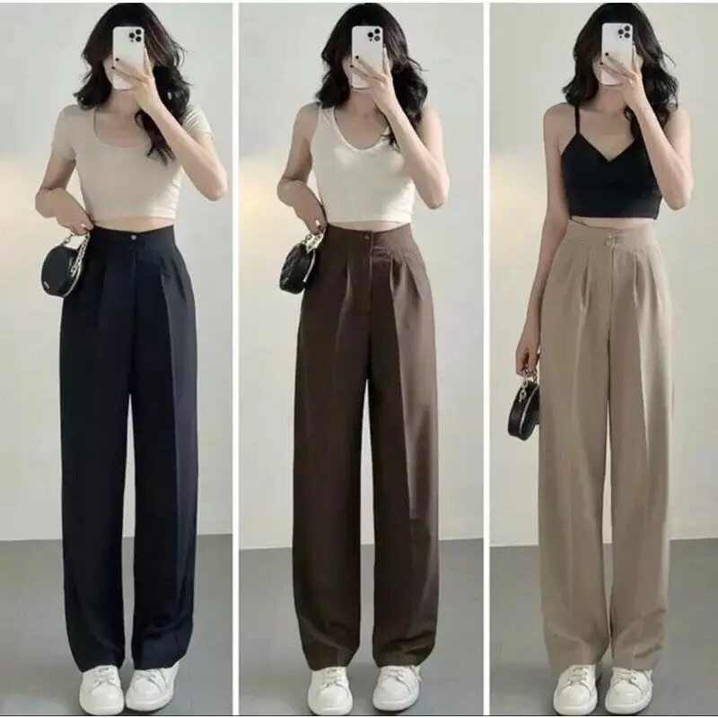 Quần Ống Suông Ống rộng Nữ 2 Khuy Lưng Cao Cạp To