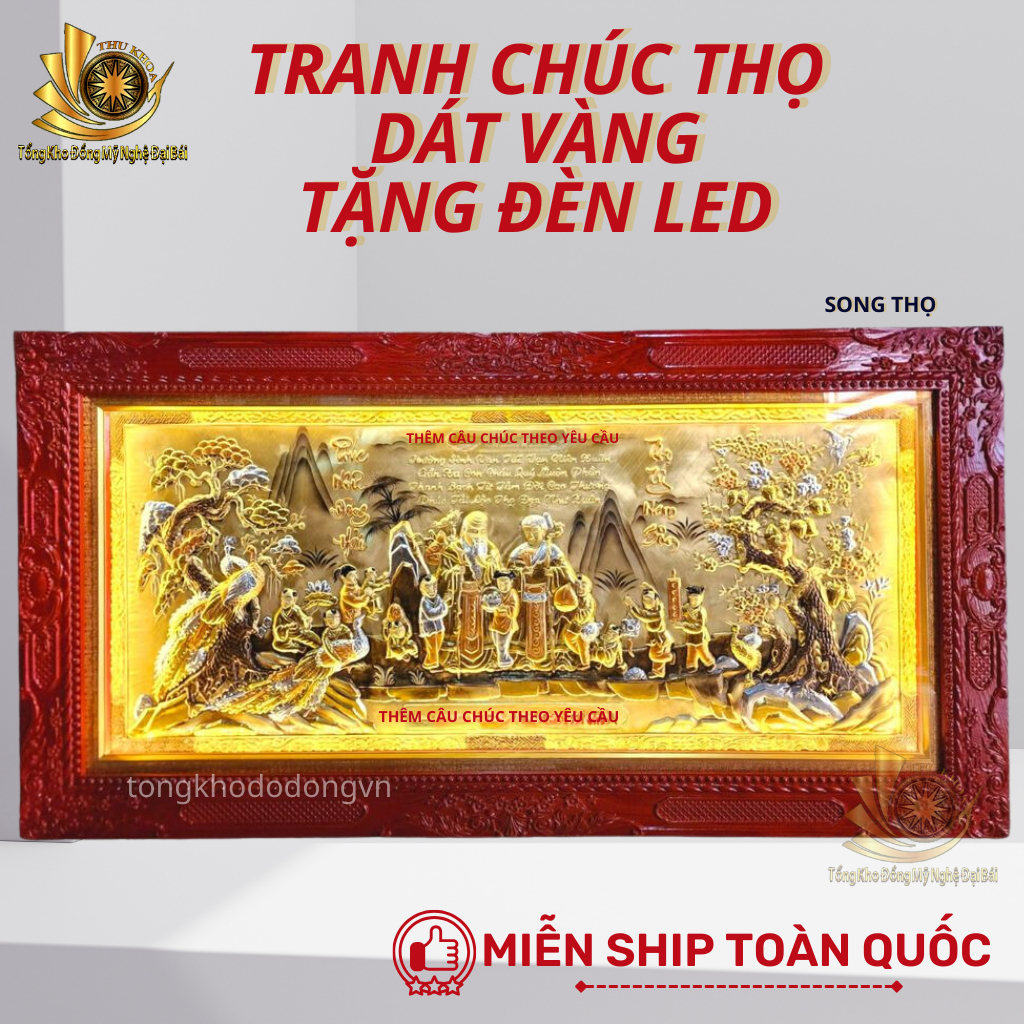 Tranh mừng thọ bằng đồng đẹp kích thước 1m7x90cm mừng thọ ông bà dán chữ theo yêu cầu đồng vàng nguyên tấm