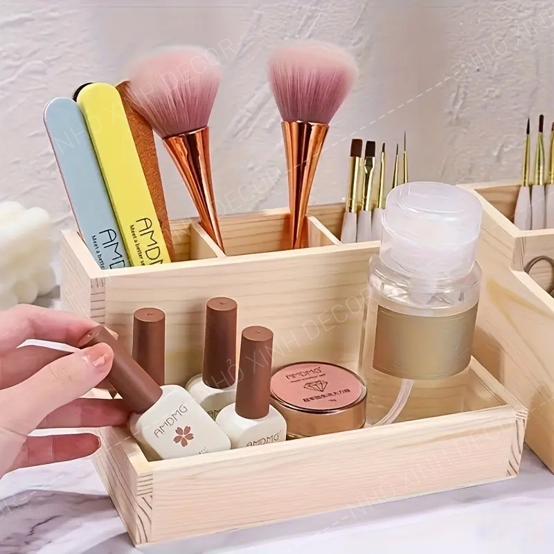 Hộp gỗ 2 tầng 4 ngăn để bút thước, để đồ phụ kiện đa năng màu mộc tự nhiên