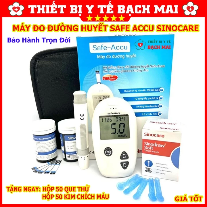 Máy Thử Đường Huyết SAFE-ACCU - Máy Đo Tiểu Đường SINOCARE Tặng 50 Que Thử + 50 Kim Chích Máu - Bảo Hành Trọn Đời