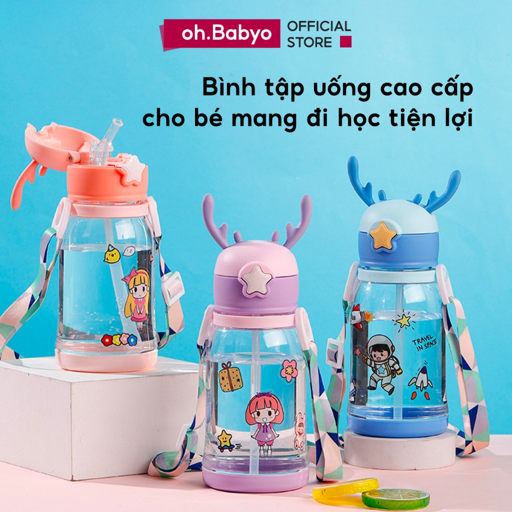 Bình Tập Uống Nước Chống Sặc Cho Bé ohBabyo Có Tay Cầm Dây Đeo Chắc Chắn An Toàn Cho Trẻ Em Đi Học