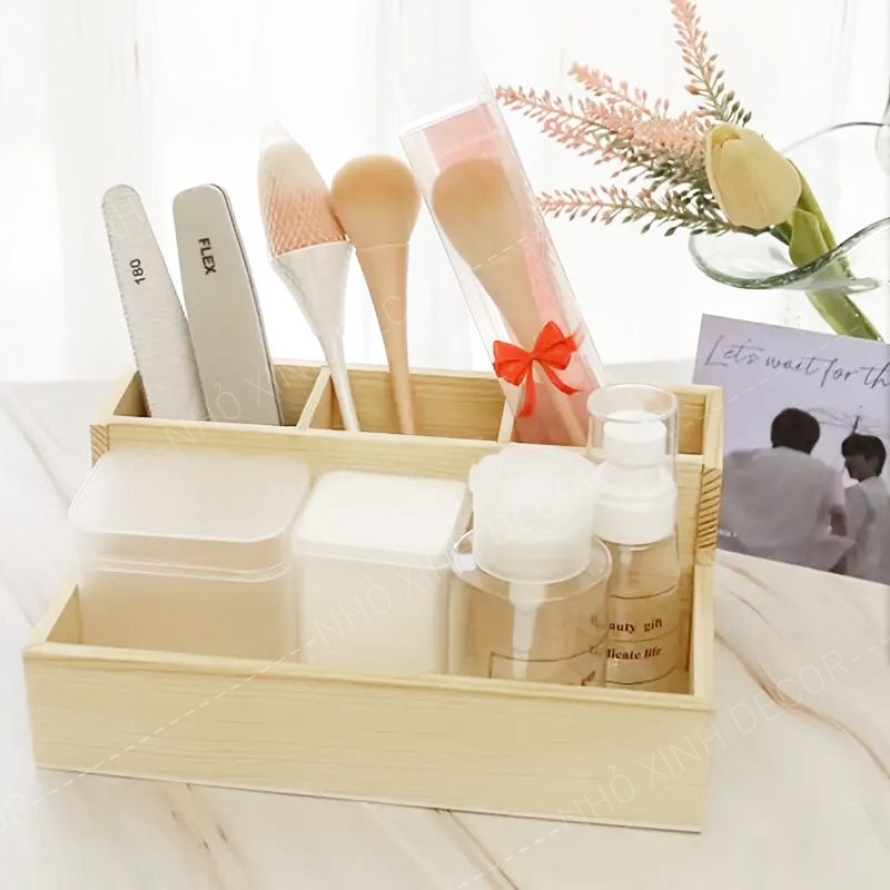 Hộp gỗ 2 tầng 4 ngăn để bút thước, để đồ phụ kiện đa năng màu mộc tự nhiên