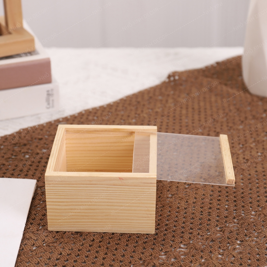 Hộp gỗ nắp trượt mica trong suốt, hộp quà, hộp đựng phụ kiện đa năng